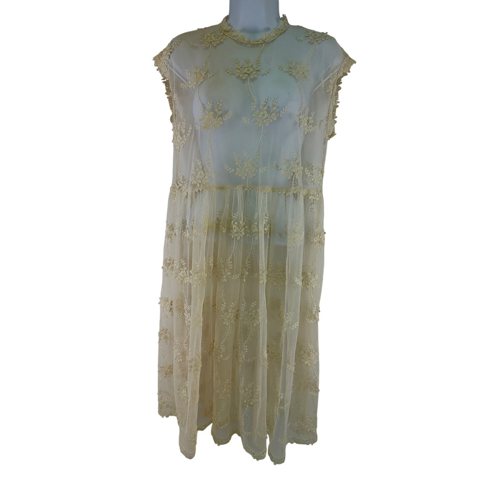 POL Overlay Lace Dress Cream Boho Floral Embroidered Sheer Mesh Womens Medium